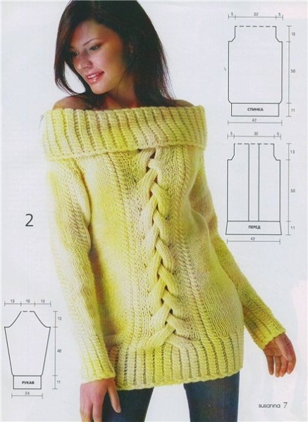 Длинный желтый пуловер. Вязание спицами
